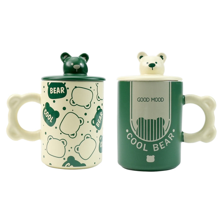 2X High-Fired Ceramic Porcelain Mug Set with Lid 400ml Bear w Tea Spoon GREEN