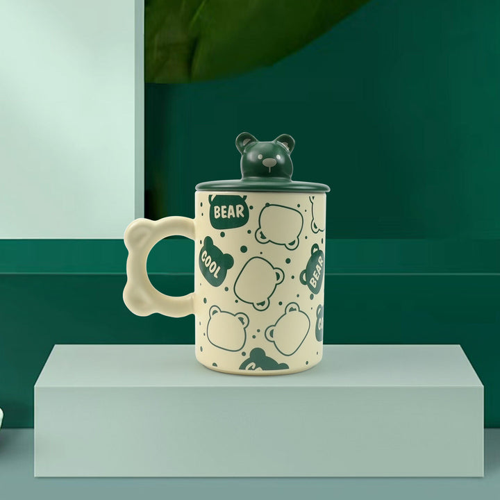 2X High-Fired Ceramic Porcelain Mug Set with Lid 400ml Bear w Tea Spoon GREEN