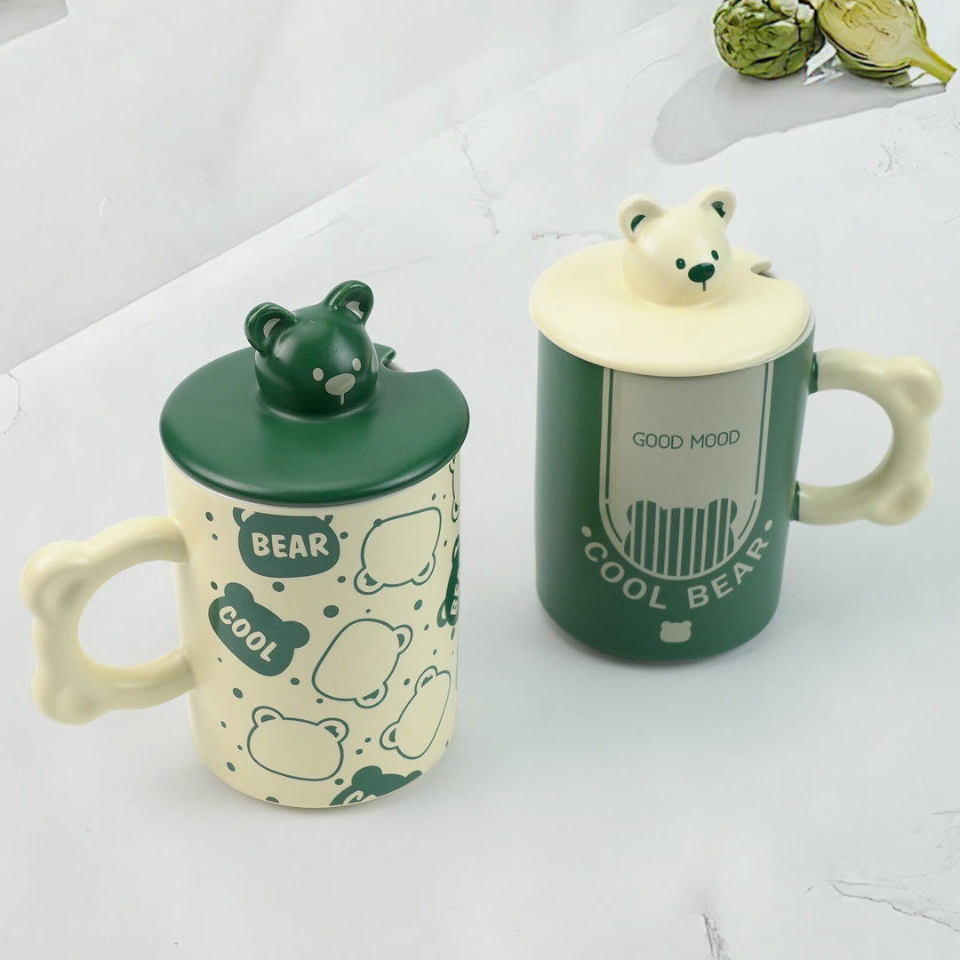 2X High-Fired Ceramic Porcelain Mug Set with Lid 400ml Bear w Tea Spoon GREEN