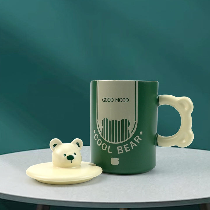 2X High-Fired Ceramic Porcelain Mug Set with Lid 400ml Bear w Tea Spoon GREEN