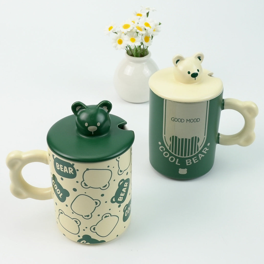 2X High-Fired Ceramic Porcelain Mug Set with Lid 400ml Bear w Tea Spoon GREEN