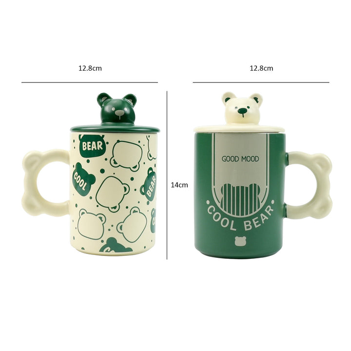 2X High-Fired Ceramic Porcelain Mug Set with Lid 400ml Bear w Tea Spoon GREEN