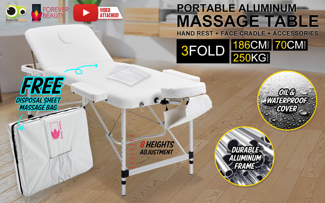 Aluminium Portable Beauty Massage Table Bed 3 Fold 70cm White