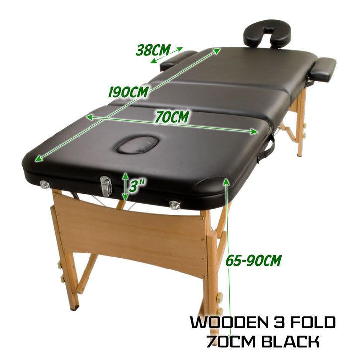 Wooden Portable Massage Table Bed 3 Fold 70cm BLACK