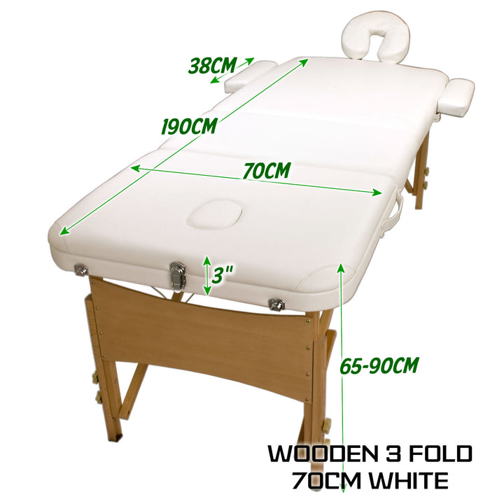 Wooden Portable Beauty Massage Table Bed 3 Fold 70cm WHITE