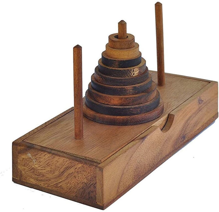 Pagoda 9 ring brain teaser puzzle, wood, handmade 3D puzzle-arrange rings on end column to solve