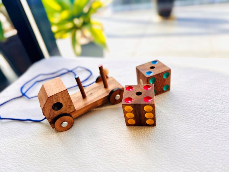 Toy wooden pull along pretend play toy truck with dice set