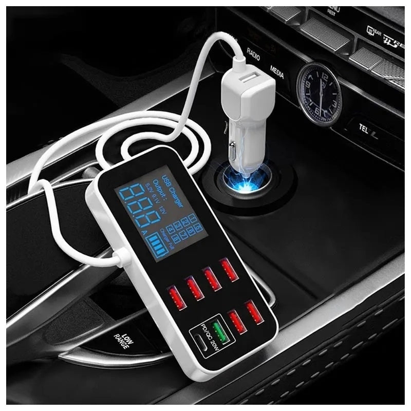 8-Port PD+QC3.0 Car Charger with LED Display