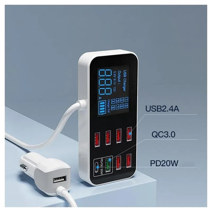 8-Port PD+QC3.0 Car Charger with LED Display