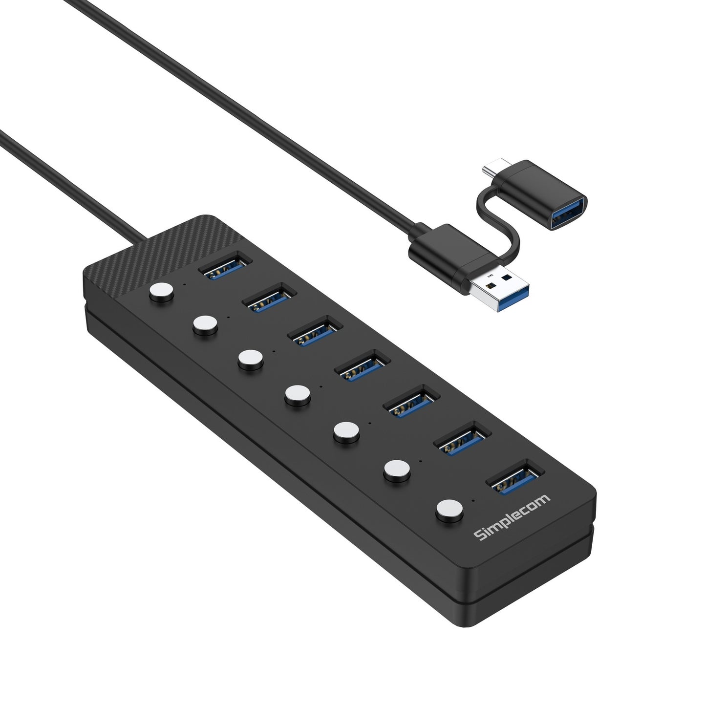 Simplecom CH375C USB-A and USB-C to 7-Port USB 3.0 Hub 5Gbps Individual Switches and Power Adapter