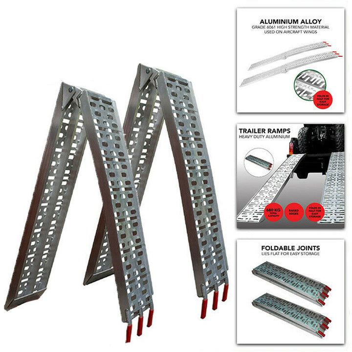 D2U Aluminum Folding Loading Ramps, 680kg Capacity - Heavy-Duty for ATVs, Motorcycles, Ride-On Lawnmowers - Foldable Design, Dual-Welded Joints, Rubber Tips, and Corrosion-Resistant Alloy