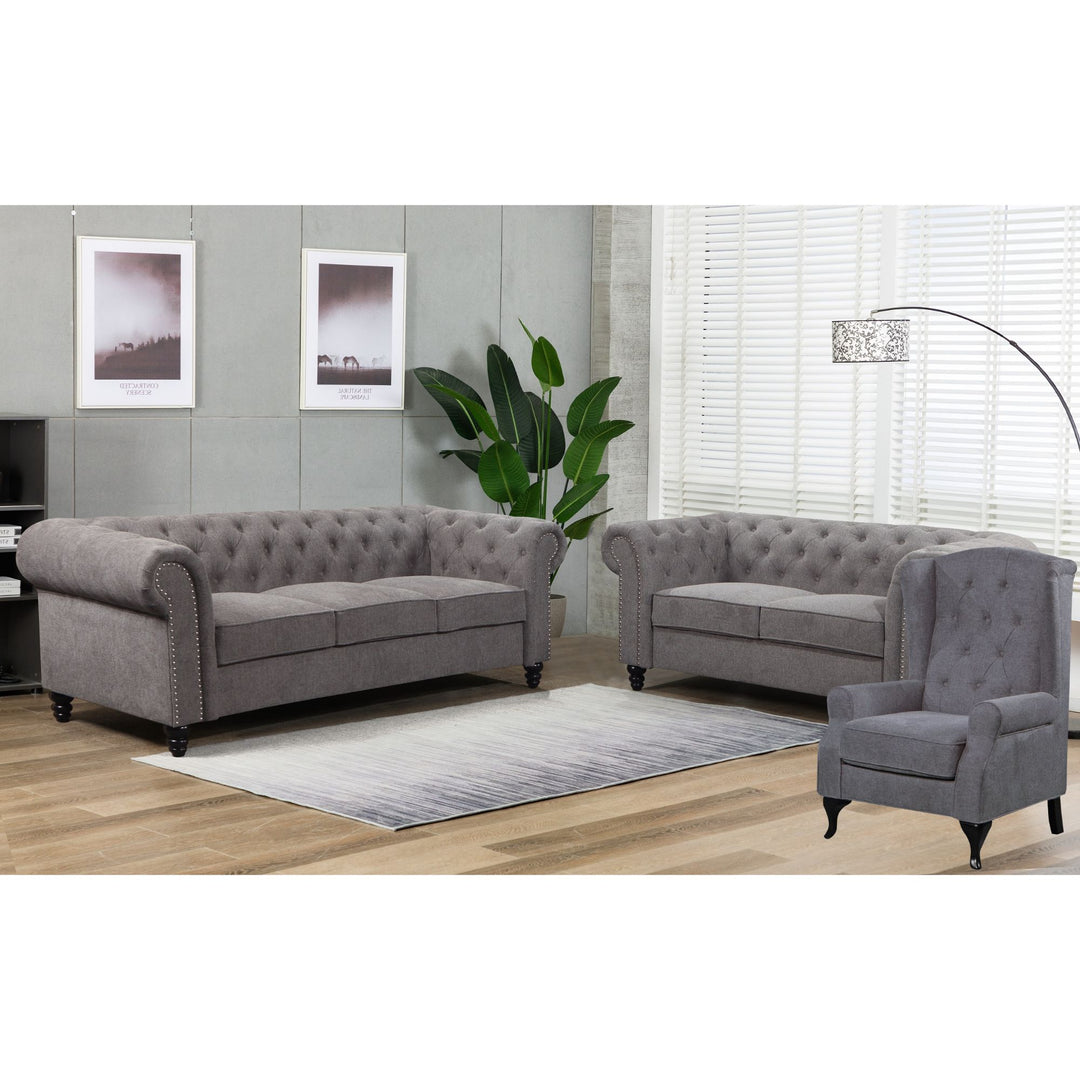 Mellowly 3 + 2 Seater Sofa Fabric Uplholstered Chesterfield Lounge Couch - Grey