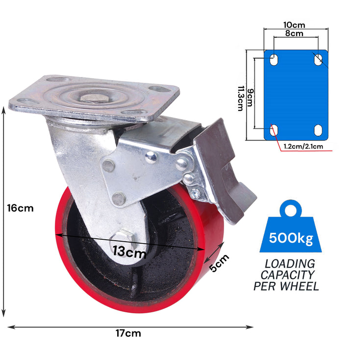 5 inch Industrial 500KG Caster Wheels Swivel with Brake Locking Casters Castor Wheels Cart Furniture Workbench