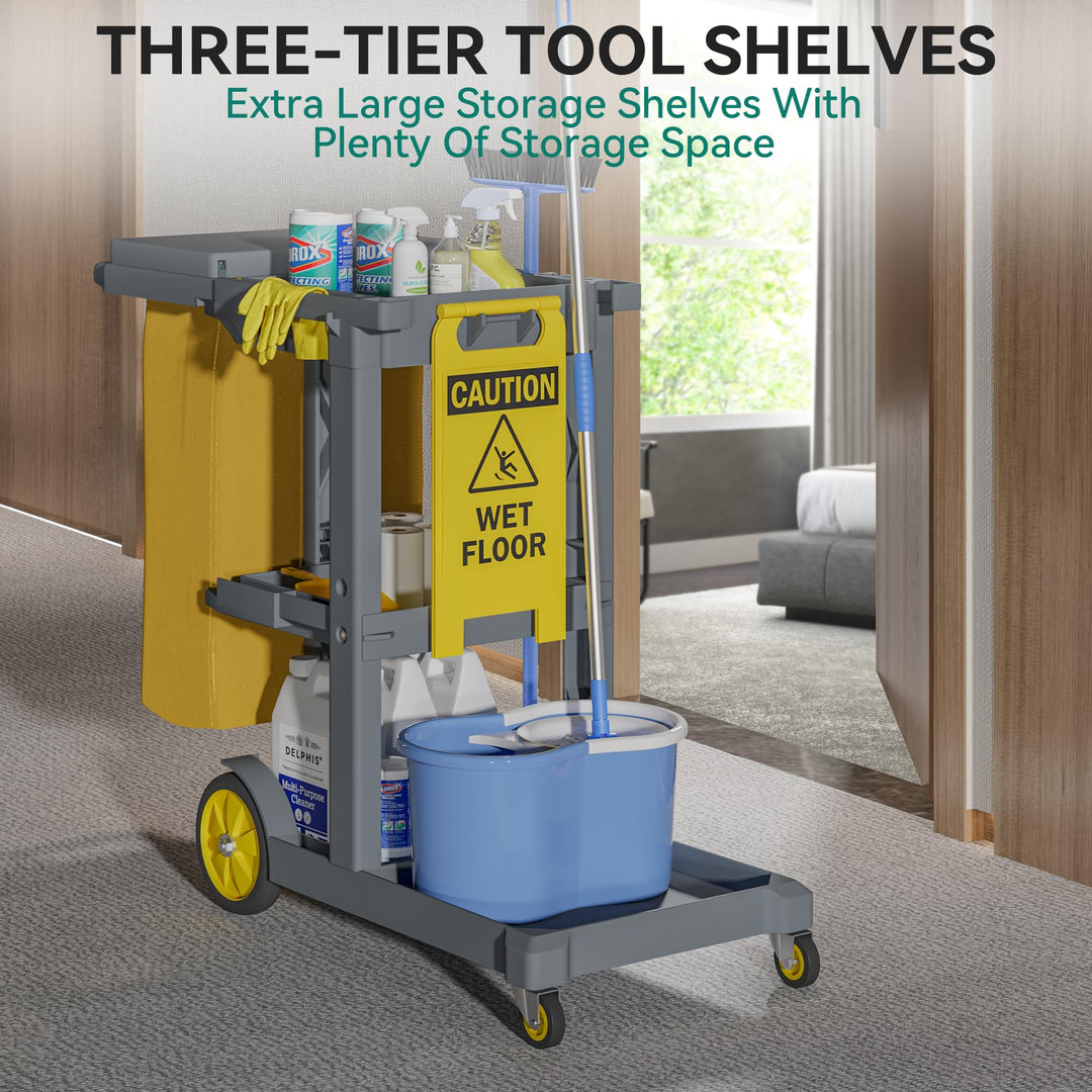 Commercial Hotel Restaurant Cleaning Cart 3-Shelf Commercial Janitorial Cart Housekeeping Cart