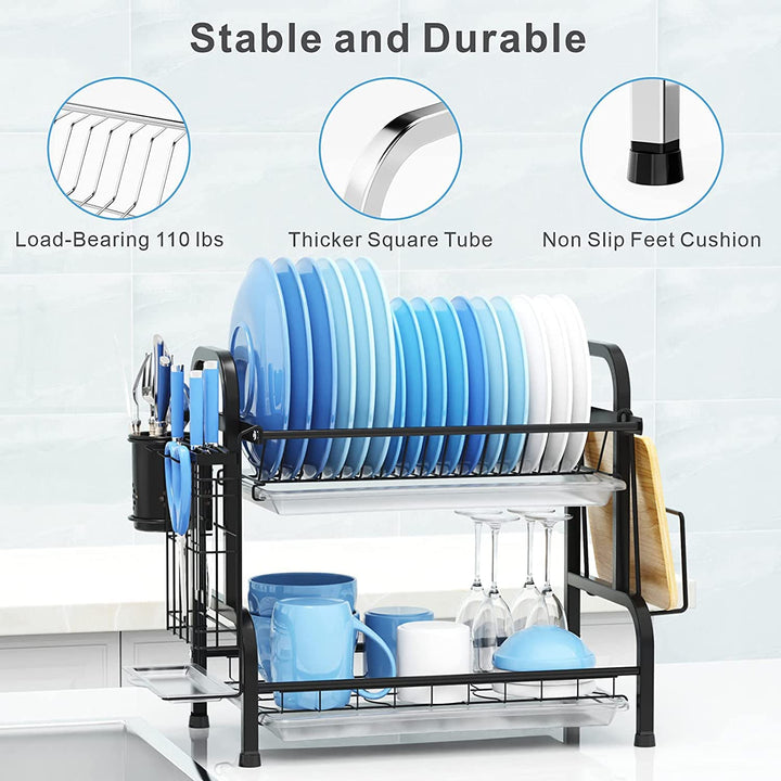 Dish Rack 2 Tier Dish Dryer Drainer Stainless Steel Dish Drying Rack Drip Trays Side Holder Kitchen Storage Save Space