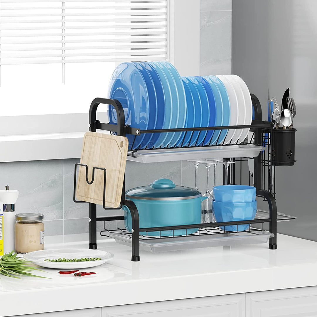 Dish Rack 2 Tier Dish Dryer Drainer Stainless Steel Dish Drying Rack Drip Trays Side Holder Kitchen Storage Save Space