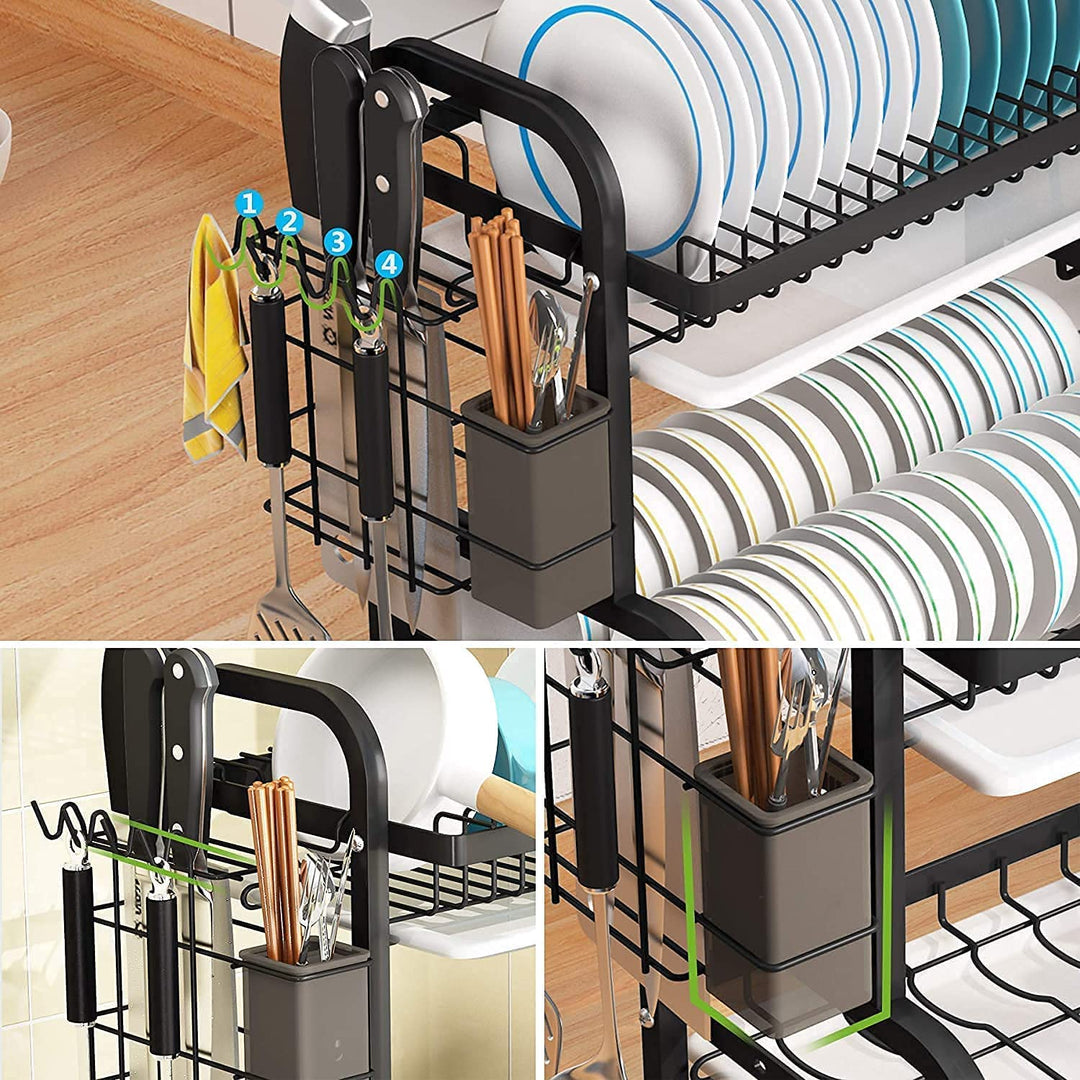 Dish Rack 2 Tier Dish Dryer Drainer Stainless Steel Dish Drying Rack Drip Trays Side Holder Kitchen Storage Save Space