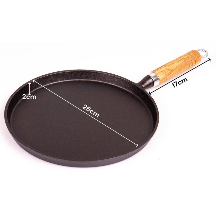 Pre-Seasoned 26cm Cast Iron Fry Pan Cookware Heat-Resistant Wooden Handle