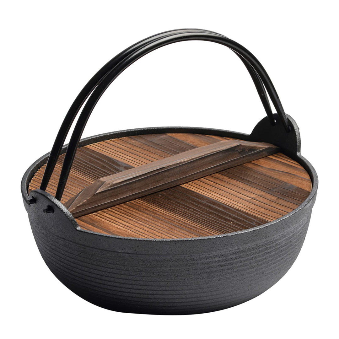 29cm Cast Iron Sukiyaki Iron Pot Japanese Shabu Shabu Pot Pan Stockpot Wooden Lid Home Camping Picnic