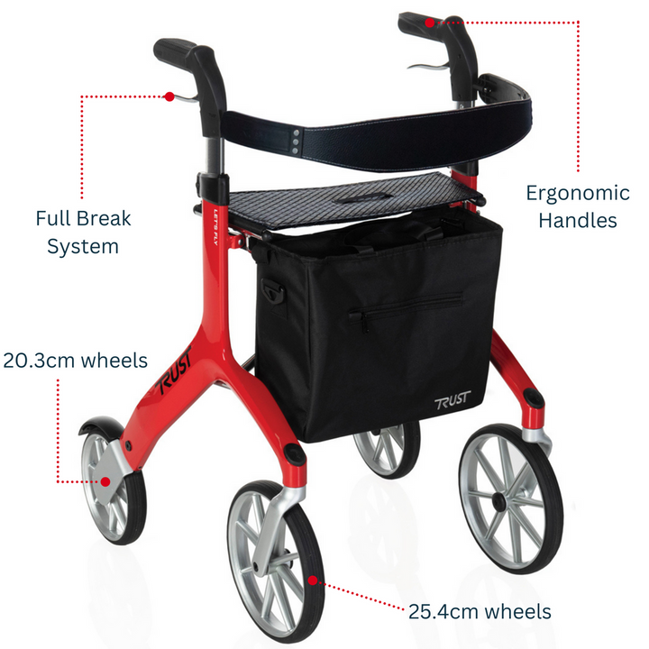 Let's Fly Mobility Rollator Wheelie Walker - Red