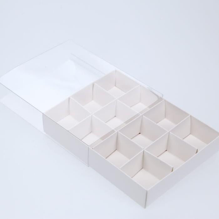 100 Pack of White Card Chocolate Sweet Soap Product Reatail Gift Box - 12 bay 4x4x3cm Compartments  - Clear Slide On Lid - 16x12x3cm