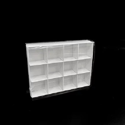 100 Pack of White Card Chocolate Sweet Soap Product Reatail Gift Box - 12 bay 4x4x3cm Compartments  - Clear Slide On Lid - 16x12x3cm