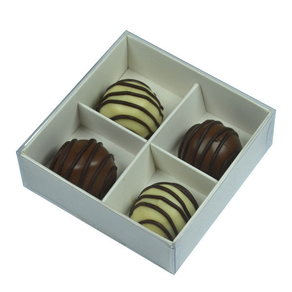 100 Pack of White Card Chocolate Sweet Soap Product Reatail Gift Box - 4 Bay Compartments - Clear Slide On Lid - 8x8x3cm