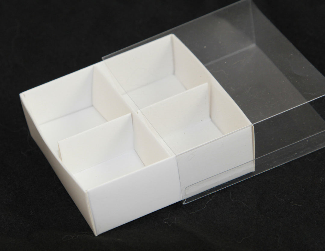 100 Pack of White Card Chocolate Sweet Soap Product Reatail Gift Box - 4 Bay Compartments - Clear Slide On Lid - 8x8x3cm