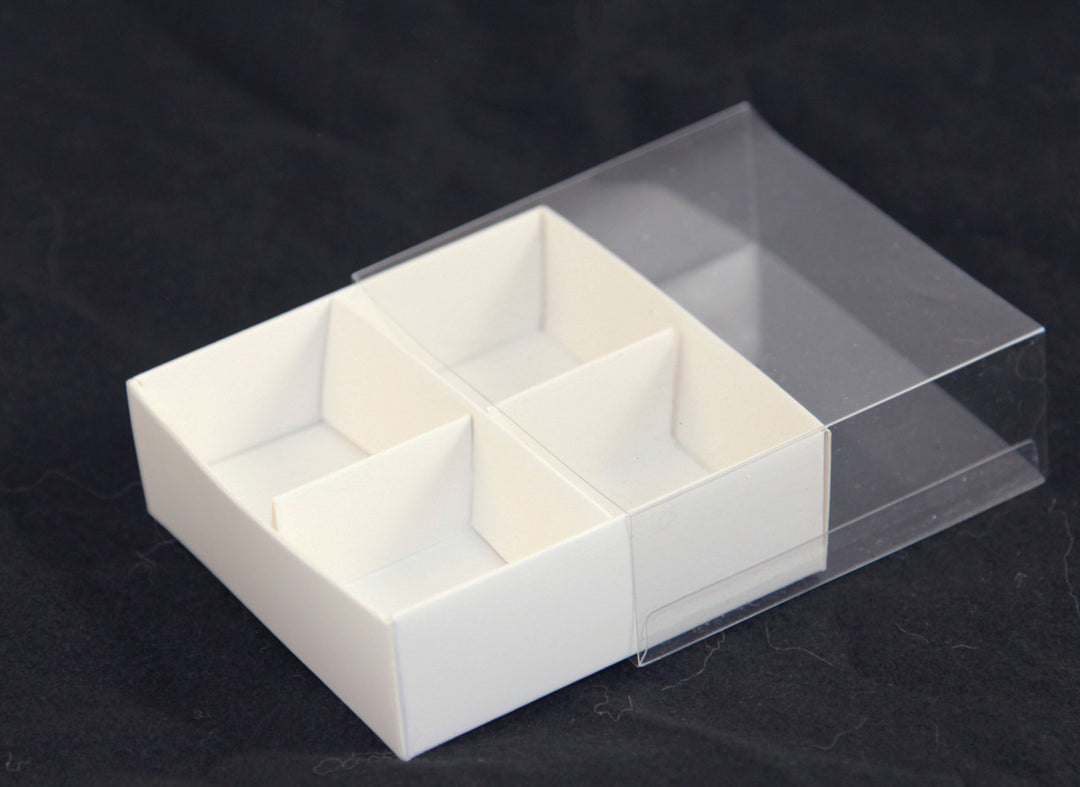 100 Pack of White Card Chocolate Sweet Soap Product Reatail Gift Box - 4 Bay Compartments - Clear Slide On Lid - 8x8x3cm