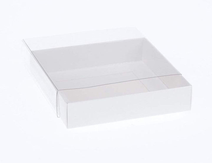 100 Pack of 15cm Square Invitation Coaster Favor Function product Presentation Cookie Biscuit Patisserie Gift Box - 4cm deep - White Card with Clear Slide On PVC Lid