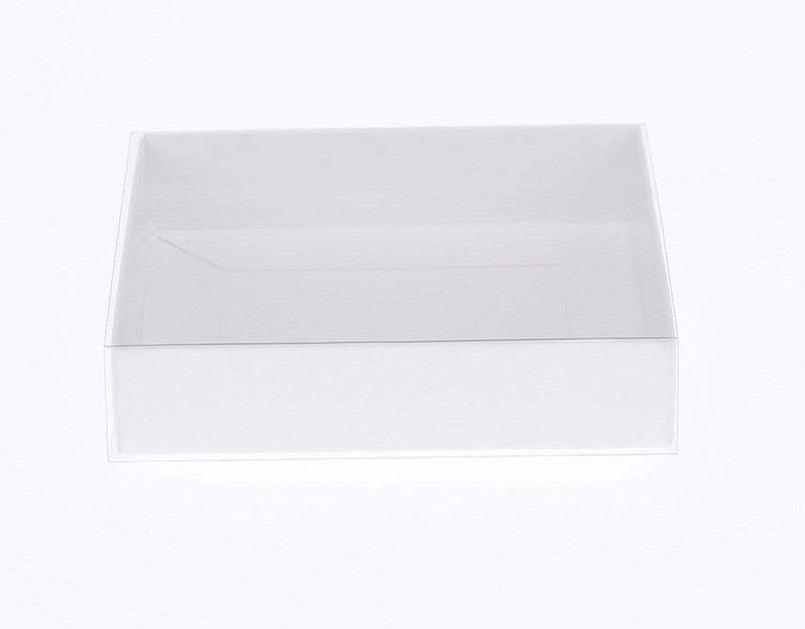 100 Pack of 15cm Square Invitation Coaster Favor Function product Presentation Cookie Biscuit Patisserie Gift Box - 4cm deep - White Card with Clear Slide On PVC Lid