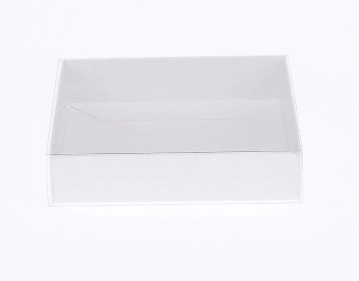 100 Pack of 15cm Square Invitation Coaster Favor Function product Presentation Cookie Biscuit Patisserie Gift Box - 4cm deep - White Card with Clear Slide On PVC Lid