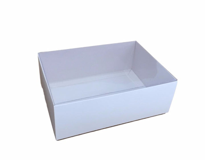 100 Pack of White Card Box - Clear Slide On Lid - 17 x 25 x 5cm -  Large Beauty Product Gift Giving Hamper Tray Merch Fashion Cake Sweets Xmas