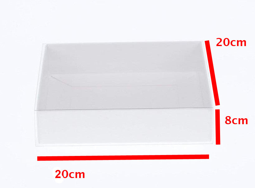 100 Pack of White Card Square Box - Clear Slide On Lid - 20 x 20 x 8cm -  Large Beauty Product Gift Giving Hamper Tray Merch Fashion Cake Sweets Xmas