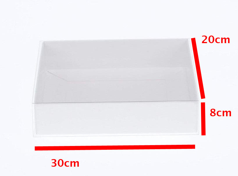 100 Pack of White Card Box - Clear Slide On Lid - 30 x 20 x 8cm -  Large Beauty Product Gift Giving Hamper Tray Merch Fashion Cake Sweets Xmas