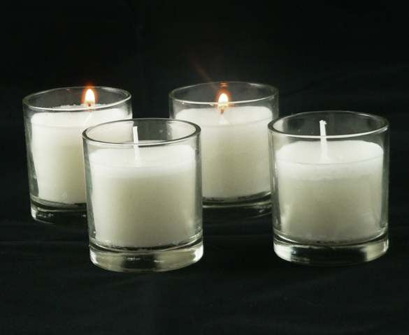 25 White Wax Clear Glass Holder Votive Candle - Wedding Event Centrepiece Table Decoration