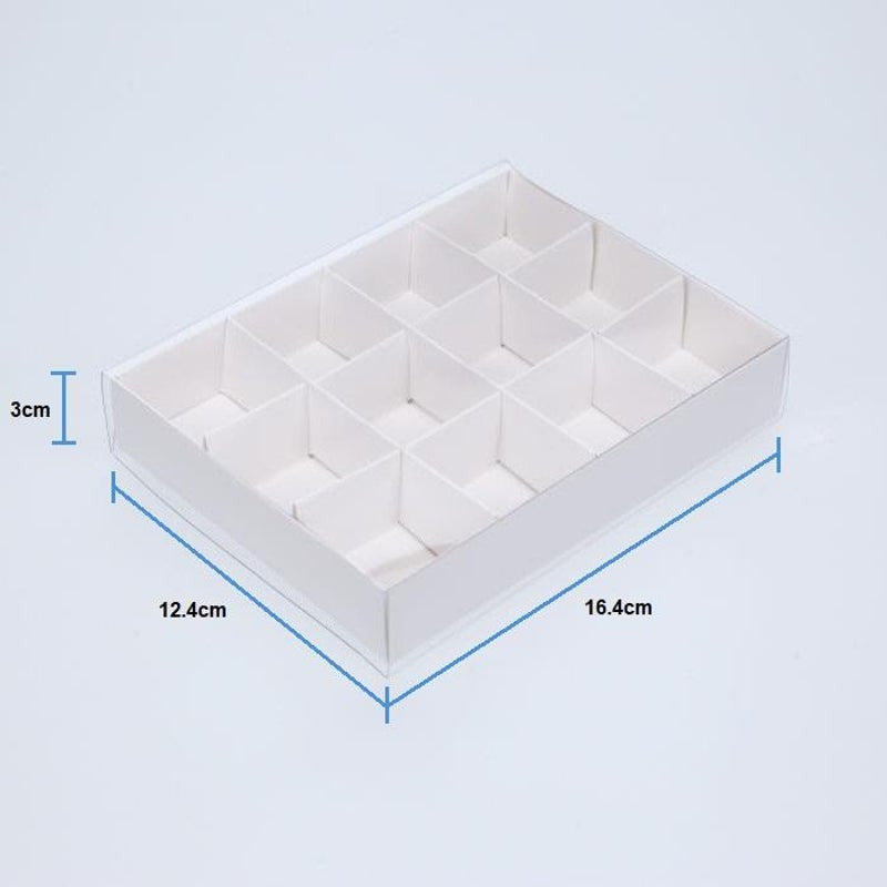 50 Pack of White Card Chocolate Sweet Soap Product Reatail Gift Box - 12 bay 4x4x3cm Compartments  - Clear Slide On Lid - 16x12x3cm