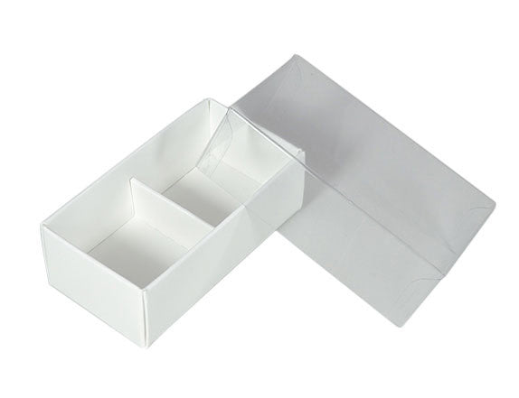 50 Pack of White Card Chocolate Sweet Soap Product Reatail Gift Box - 2 Bay Compartments - Clear Slide On Lid - 8x4x3cm