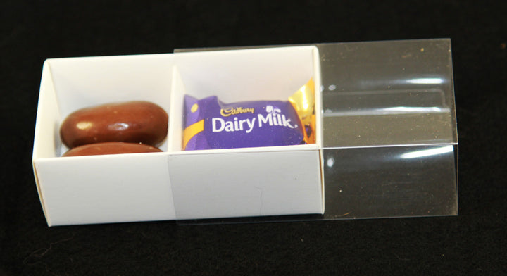 50 Pack of White Card Chocolate Sweet Soap Product Reatail Gift Box - 2 Bay Compartments - Clear Slide On Lid - 8x4x3cm