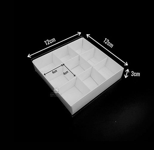 50 Pack of White Card Chocolate Sweet Soap Product Reatail Gift Box - 9 bay 4x4x3cm Compartments  - Clear Slide On Lid - 12x12x3cm