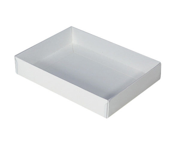 50 Pack of White Card Square Box - Clear Slide On Lid - 20 x 20 x 8cm -  Large Beauty Product Gift Giving Hamper Tray Merch Fashion Cake Sweets Xmas