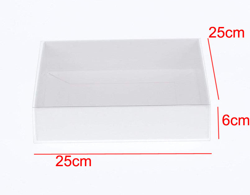 50 Pack of White Card Box - Clear Slide On Lid - 25 x 25 x 6cm - Large Beauty Product Gift Giving Hamper Tray Merch Fashion Cake Sweets Xmas