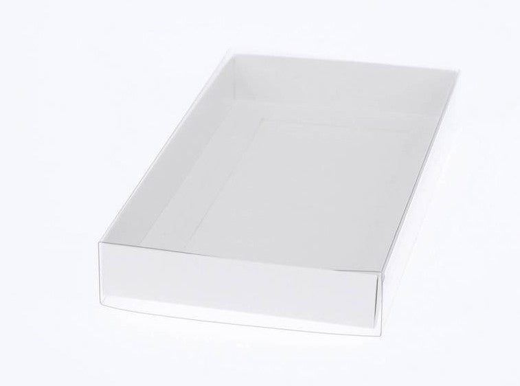 50 Pack of White Card Box - Clear Slide On Lid - 25 x 25 x 6cm - Large Beauty Product Gift Giving Hamper Tray Merch Fashion Cake Sweets Xmas