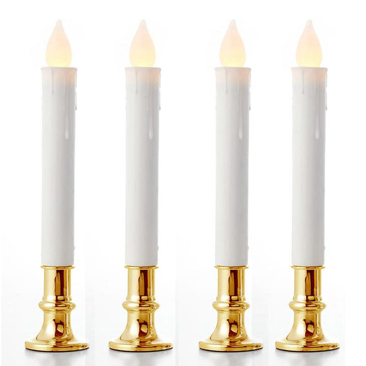 10 Pack Taper Stick White Battery Candle - Natural Flame Light Colour No Flicker - Gold Stand Base