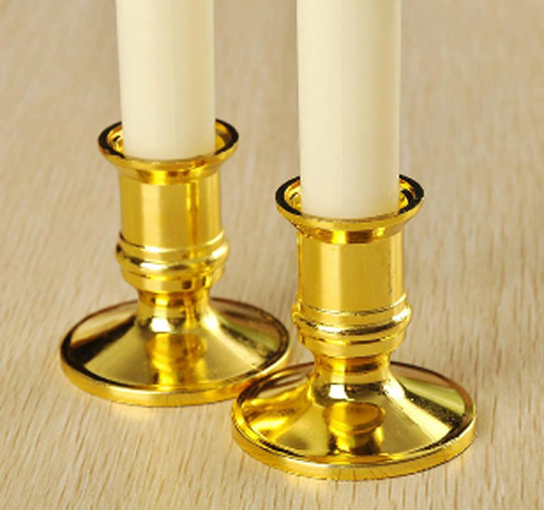 10 Pack Taper Stick White Battery Candle - Natural Flame Light Colour No Flicker - Gold Stand Base