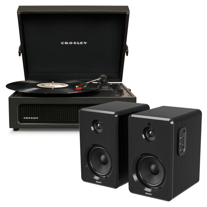 Crosley Voyager Bluetooth Portable Turntable - Black + Bundled Majority D40 Bluetooth Speakers - Black