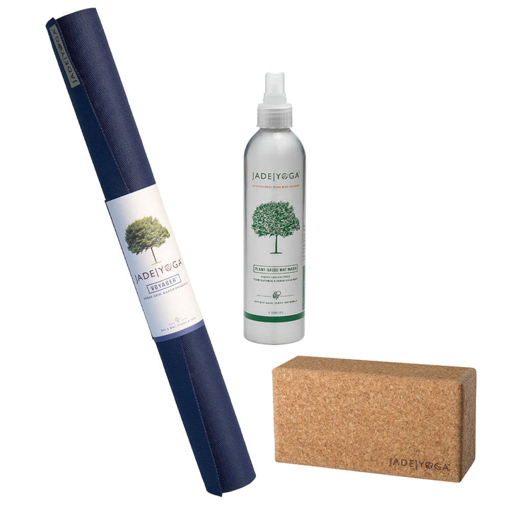 Jade Yoga Voyager Mat - Midnight & Jade Yoga Cork Yoga Block - Small + Jade Yoga Plant Based Mat Wash - 8 oz Starter Kit