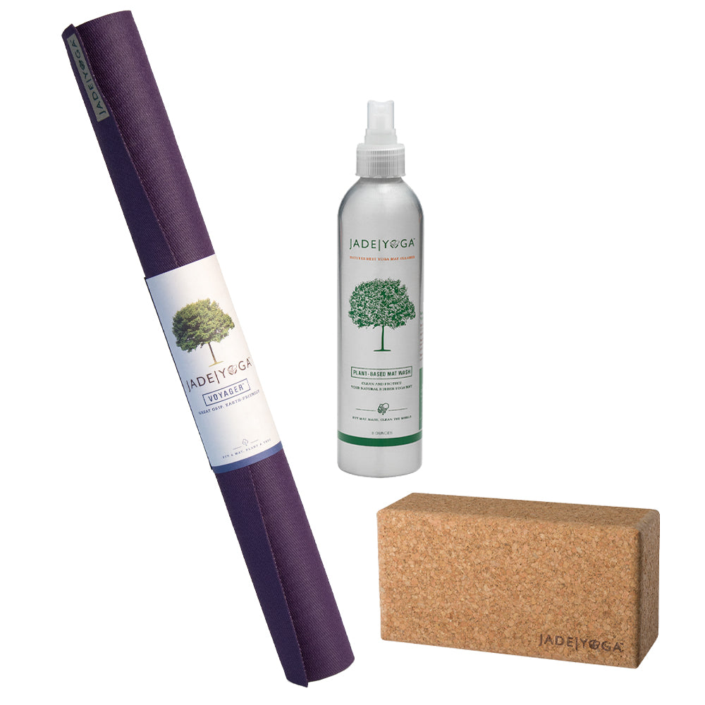 Jade Yoga Voyager Mat - Purple & Jade Yoga Cork Yoga Block - Small + Jade Yoga Plant Based Mat Wash - 8 oz Starter Kit