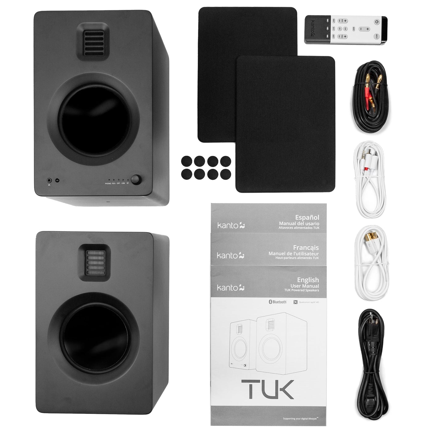 Kanto TUK 260W Powered Bookshelf Speakers with - Pair, Matte Black with SP6HD Black Stand Bundle