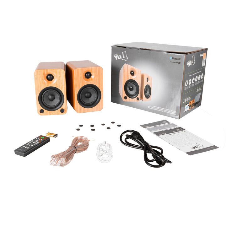 Kanto YU4 140W Powered Bookshelf Speakers with Bluetooth and Phono Preamp - Pair, Bamboo with SX22 Black Stand Bundle